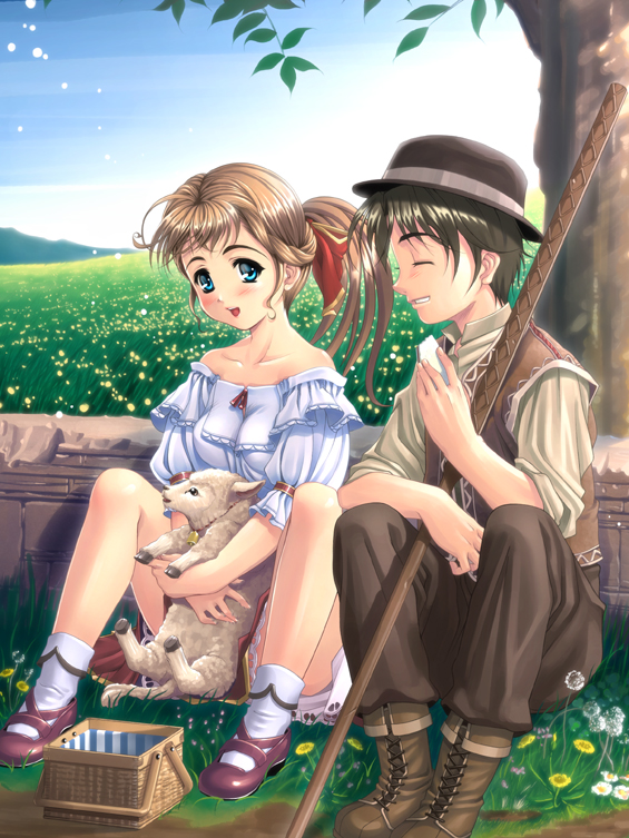 1girl basket blue_eyes blush boots brown_hair closed_eyes copyright_request day flower grass hat ikeda_yasuhiro lamb open_mouth shoes sitting sky socks tree