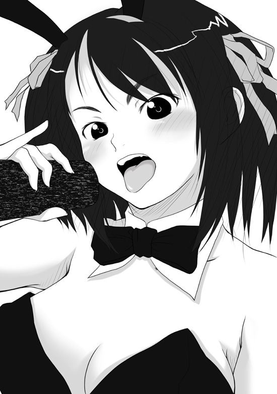 animal_ears breasts bunny_ears bunnysuit censored greyscale large_breasts monochrome osuzu_akiomi solo suzumiya_haruhi suzumiya_haruhi_no_yuuutsu