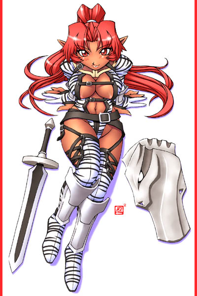 armor boots breasts cleavage copyright_request dark_skin gloves huge_breasts kenix leather shield solo striped sword thighhighs weapon