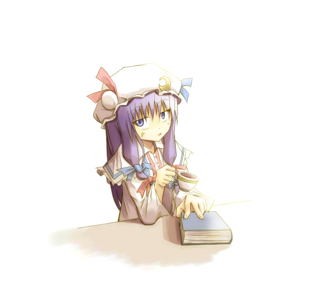 bloom book cup long_hair open_mouth patchouli_knowledge purple_eyes purple_hair simple_background solo sorano_eika teacup touhou white_background