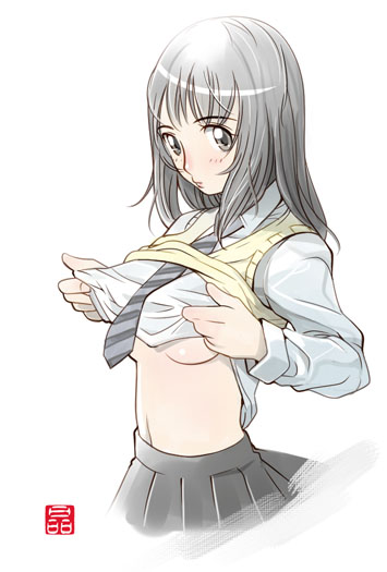 breasts copyright_request medium_breasts school_uniform solo sonobe_kazuaki sweater sweater_vest underboob undressing vest