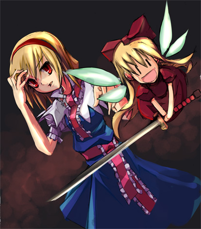 alice_margatroid arm_up belt blonde_hair blue_dress capelet doll dress dutch_angle fairy_wings flying full_body hairband holding holding_sword holding_weapon katana looking_at_viewer lowres necktie red_dress red_eyes red_neckwear shanghai_doll shimadoriru short_hair solo sword touhou unsheathed weapon wings