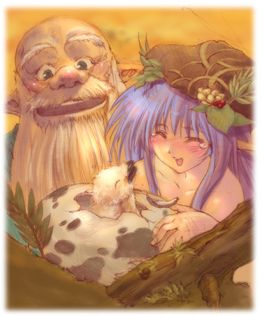 1girl :d ^_^ ^o^ bald bare_shoulders beard blue_hair blush breasts cleavage closed_eyes collarbone egg facial_hair food fruit grapes hat lead long_hair lowres medium_breasts morii_shizuki old_man open_mouth ragnarok_online smile tree_branch upper_body very_long_hair