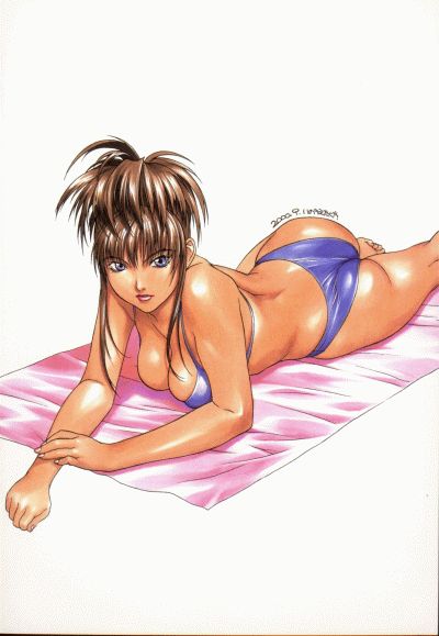2000 artist_name ass bangs bikini blue_bikini blue_eyes breasts brown_hair cleavage copyright_request inoue_takuya large_breasts lips lying on_stomach scan shiny shiny_skin sidelocks simple_background solo swimsuit towel