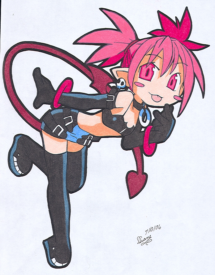 :p artist_request bat_wings black_gloves black_legwear blush_stickers choker demon_girl demon_tail disgaea elbow_gloves etna flat_chest full_body gloves looking_at_viewer makai_senki_disgaea pink_eyes pink_hair running simple_background solo tail thighhighs tongue tongue_out twintails white_background wings zettai_ryouiki