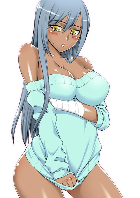 bandages bare_shoulders blush bottomless breast_hold breasts cleavage code_geass dark_skin large_breasts long_hair naked_sweater parted_lips silver_hair simple_background solo sweatdrop sweater unagimaru villetta_nu white_background yellow_eyes