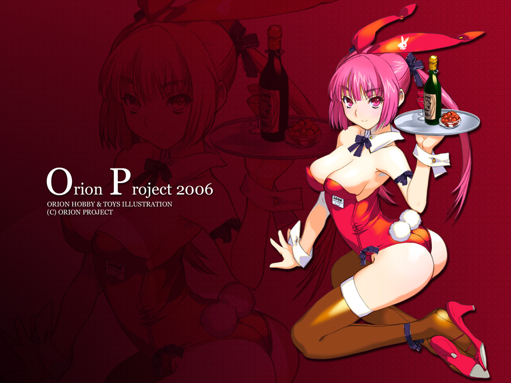 alcohol animal_ears bunny_ears bunnysuit copyright_request high_heels orion_(orionproject) shoe_dangle shoes solo thighhighs tray waitress wine