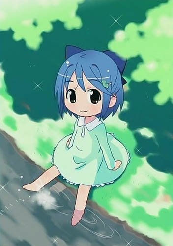 :3 artist_request barefoot blue_eyes blue_hair dress from_above gakuen_utopia_manabi_straight! green_dress hair_ornament hairclip inamori_mika looking_at_viewer looking_up lowres river shore short_hair sitting soaking_feet solo water