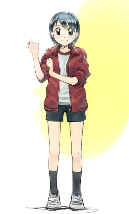 black_hair blush clenched_hand closed_mouth full_body gym_uniform ikeda_jun_(mizutamari) jacket kneehighs loafers long_sleeves looking_at_viewer open_clothes open_jacket original shirt shoes short_hair shorts smile solo source_request standing white_shirt