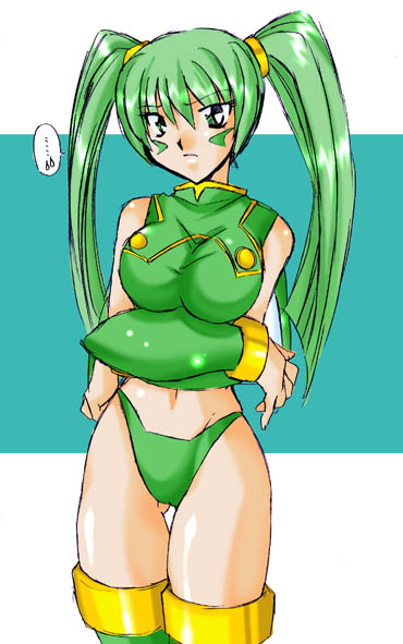 artist_request bikini breasts cowboy_shot genderswap genderswap_(mtf) green_bikini green_eyes green_hair harpuia large_breasts looking_at_viewer midriff navel rockman rockman_zero skin_tight solo standing stomach swimsuit thigh_gap thighhighs twintails