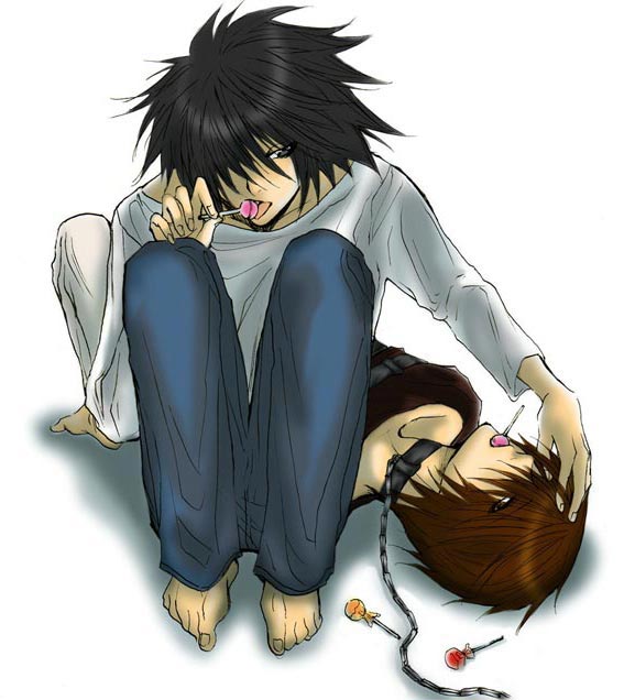 artist_request bags_under_eyes barefoot bdsm black_hair boy_on_top brown_hair chain collar death_note denim food full_body jeans l_(death_note) male_focus multiple_boys pants simple_background sitting sitting_on_person spiked_hair toes white_background yagami_light yaoi