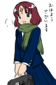 angulas blazer blue_eyes blue_skirt green_scarf holding jacket long_sleeves looking_at_viewer lowres pleated_skirt red_hair scarf school_briefcase short_hair simoun simple_background skirt solo ume_(uchuu_ringo) white_background