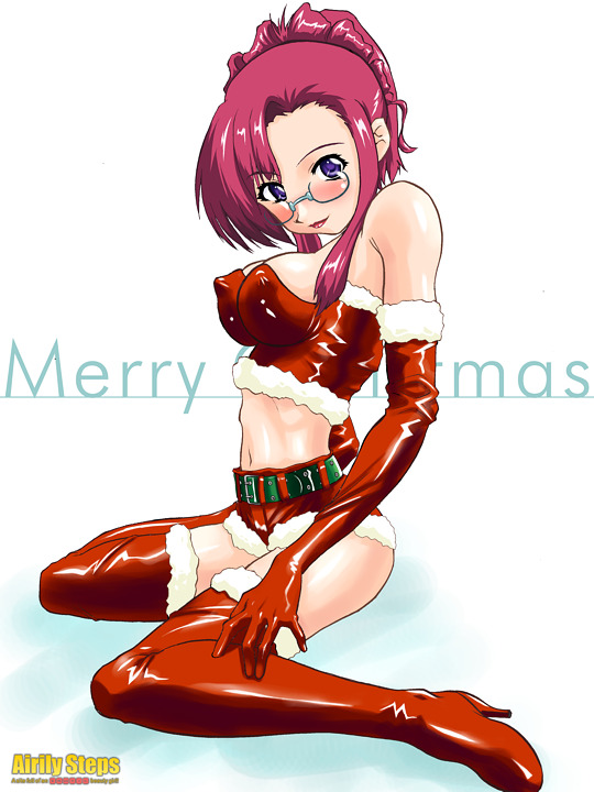 belt blush boots breasts christmas covered_nipples elbow_gloves fur glasses gloves high_heel_boots high_heels kazami_mizuho lipstick maachin makeup medium_breasts midriff naughty_face onegai_teacher pince-nez pink_hair purple_eyes red_gloves santa_costume shiny shiny_clothes shoes shorts sitting solo thigh_boots thighhighs