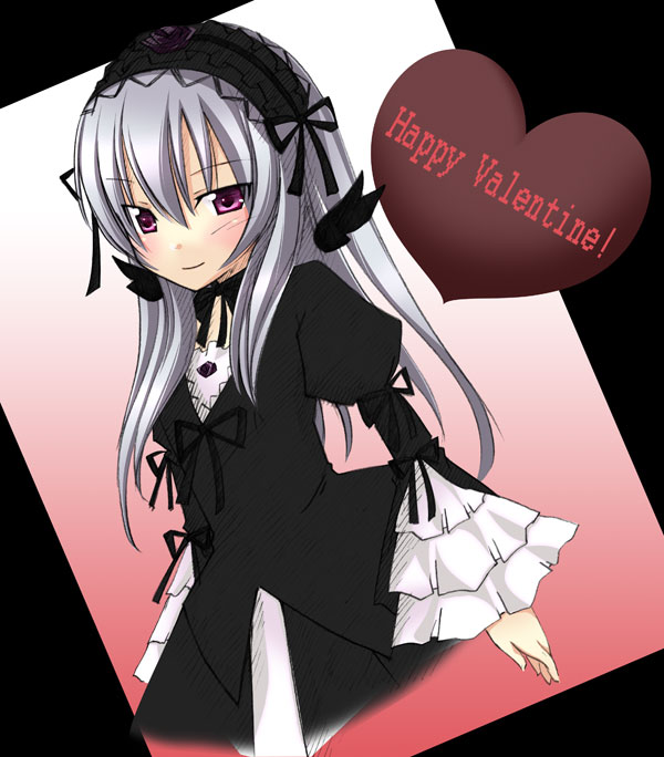 black_dress black_ribbon cowboy_shot dress frilled_sleeves frills hairband happy_valentine heart juliet_sleeves lolita_hairband long_hair long_sleeves looking_at_viewer pink_background puffy_sleeves purple_eyes ribbon rozen_maiden silver_hair simple_background solo suigintou takami_ryou valentine