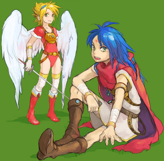 1girl angel_wings armor artist_request blonde_hair blue_hair boots breath_of_fire breath_of_fire_i green_background green_eyes knee_boots leotard nina_(breath_of_fire_i) red_leotard ryuu_(breath_of_fire_i) sword thighhighs weapon white_wings wings