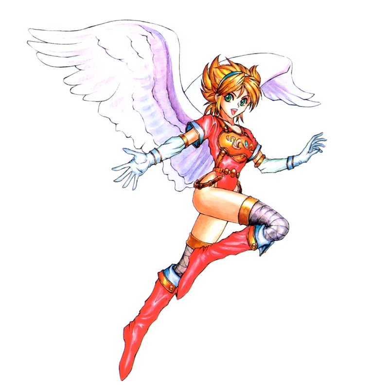 :d angel_wings armor blonde_hair boots breath_of_fire breath_of_fire_i elbow_gloves gloves green_eyes hairband knee_boots leotard nina_(breath_of_fire_i) open_mouth red_leotard short_hair smile solo thighhighs thighs white_wings wings yoshikawa_tatsuya
