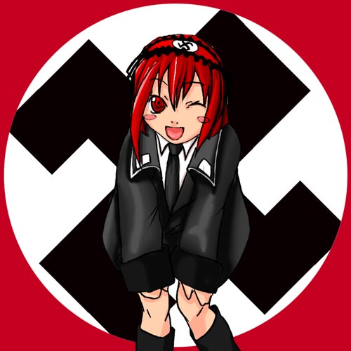 artist_request blush_stickers copyright_request hairband lowres nazi one_eye_closed red_eyes red_hair solo swastika world_war_ii