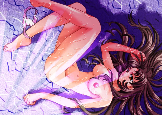 after_sex antenna_hair arm_up barefoot breasts breasts_apart bukkake carnelian cum cum_on_body cum_on_breasts cum_on_lower_body cum_on_upper_body dutch_angle feet from_above from_side fukami_akiko game_cg grey_hair hair_spread_out large_breasts legs long_hair looking_at_viewer lying mature navel nipples nude on_side panties panties_around_one_leg purple_panties red_eyes revolver_(game) solo underwear very_long_hair wavy_hair