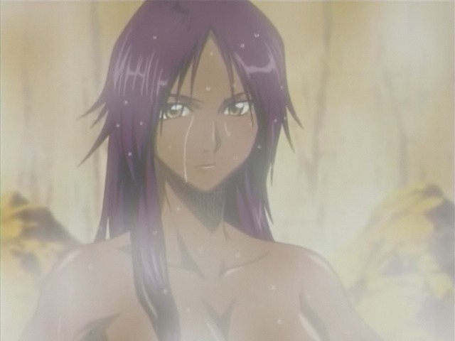bath bleach dark_skin long_hair nude onsen purple_hair screencap shihouin_yoruichi solo steam wet yellow_eyes