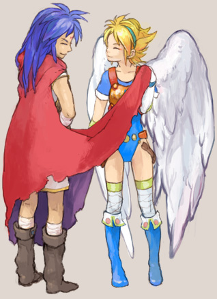 1girl angel_wings armor blonde_hair blue_hair blue_leotard boots breath_of_fire breath_of_fire_i cape couple error hetero knee_boots leotard lowres nina_(breath_of_fire_i) ryuu_(breath_of_fire_i) short_hair thighhighs white_wings wings