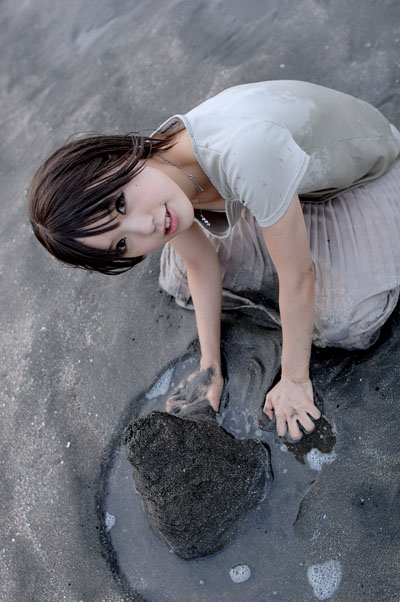 black_hair kipi-san looking_at_viewer parted_lips photo sand solo wet wet_clothes