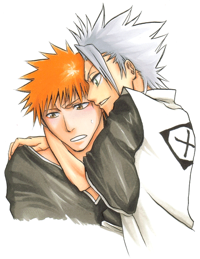 artist_request bleach haori hitsugaya_toushirou japanese_clothes kurosaki_ichigo male_focus multiple_boys orange_hair sweatdrop taichou_haori white_hair yaoi