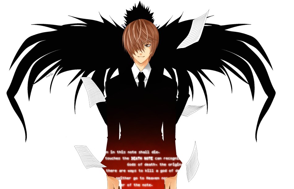 artist_request back-to-back brown_eyes brown_hair collared_shirt cowboy_shot death_note dress_shirt formal long_sleeves looking_at_viewer male_focus multiple_boys papers ryuk shirt silhouette simple_background suit white_background white_shirt yagami_light