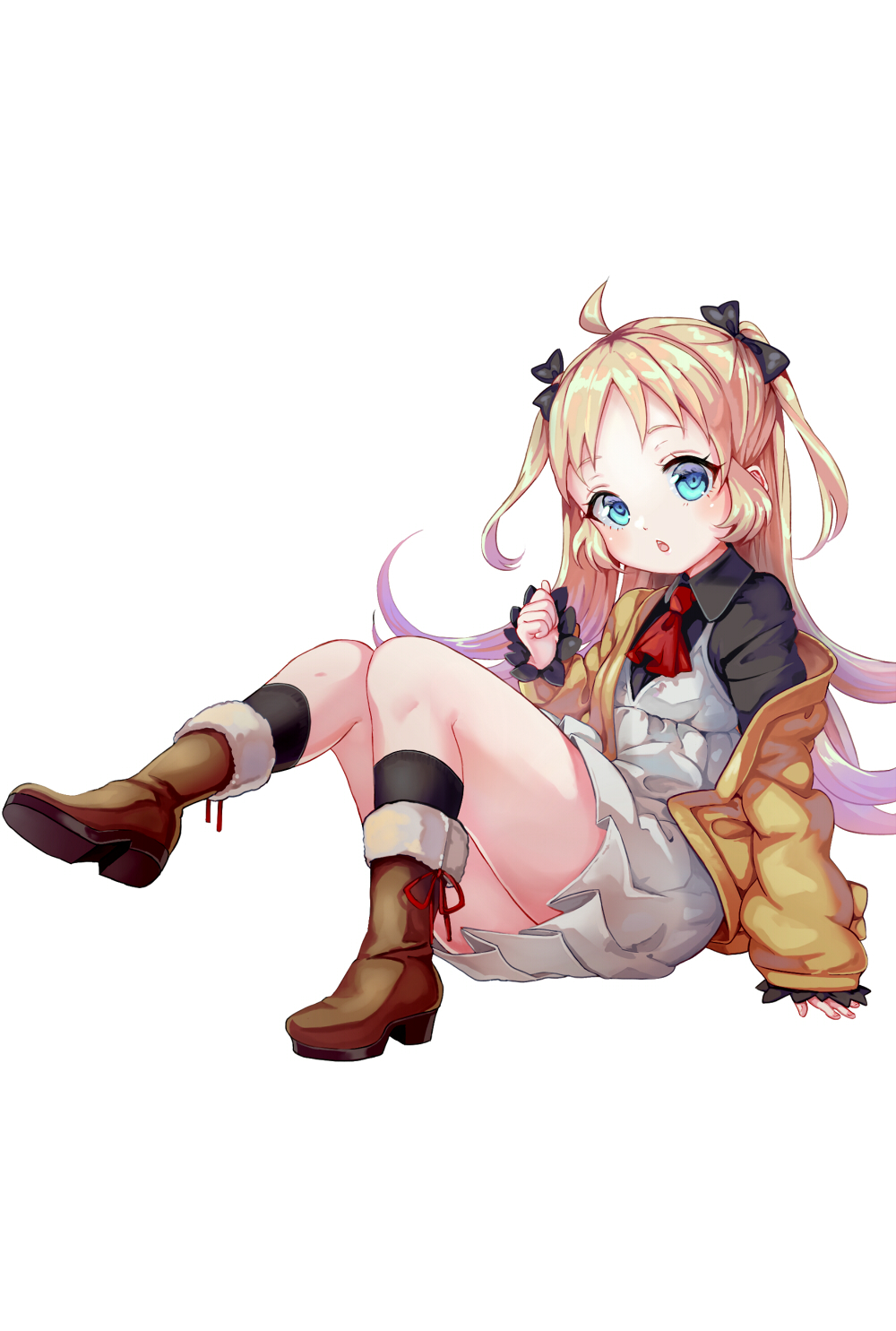 1girl ahoge ascot black_bow black_legwear black_shirt blonde_hair blue_eyes bow brown_footwear charlotte_izoard chestnut_mouth collared_shirt dress full_body fur-trimmed_boots fur_trim hair_bow hand_up head_tilt highres jacket kneehighs long_hair off_shoulder open_clothes open_jacket parted_lips pisuke pleated_dress red_neckwear ryuuou_no_oshigoto! shirt simple_background sitting sleeveless sleeveless_dress sleeves_past_wrists solo two_side_up very_long_hair white_background white_dress yellow_jacket