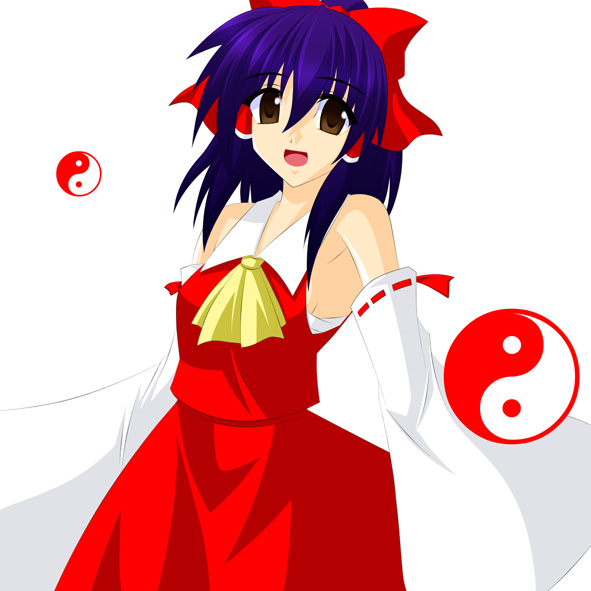 armpits artist_request ascot bow brown_eyes detached_sleeves hair_bow hair_tubes hakurei_reimu looking_at_viewer open_mouth purple_hair red_bow red_ribbon red_skirt ribbon ribbon-trimmed_sleeves ribbon_trim sidelocks simple_background skirt skirt_set smile solo touhou vest white_background yin_yang