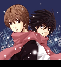 artist_request bags_under_eyes death_note l_(death_note) lowres male_focus multiple_boys snowing yagami_light