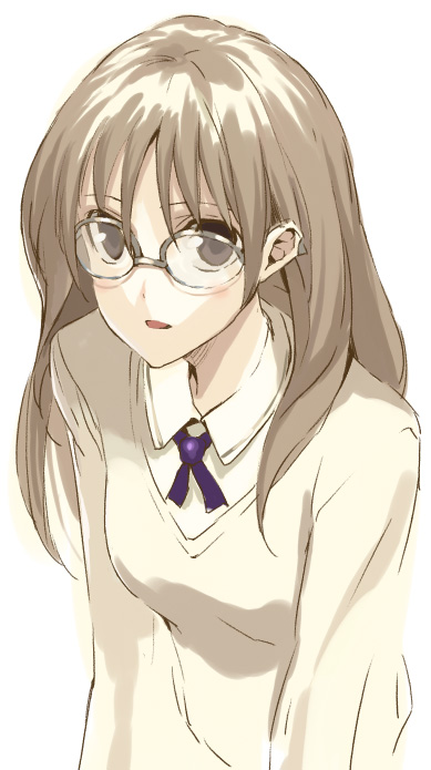 brown_eyes brown_hair character_request copyright_request glasses long_hair morii_shizuki simple_background solo sweater upper_body white_background