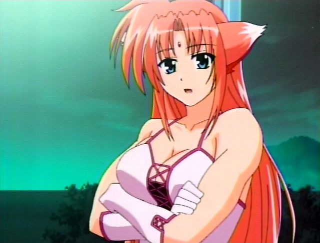 animal_ears arf blue_eyes breasts cleavage crossed_arms familiar large_breasts lyrical_nanoha magical_girl mahou_shoujo_lyrical_nanoha mahou_shoujo_lyrical_nanoha_a's red_hair screencap solo