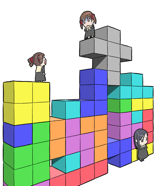 black_hair brown_eyes brown_hair chibi cross fukuzawa_yumi full_body long_sleeves maria-sama_ga_miteru matsudaira_touko multiple_girls ogasawara_sachiko sailor_collar school_uniform serafuku simple_background standing tetris white_background yoshitaka