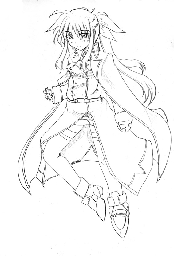 cape clenched_hands coat fate_testarossa fingerless_gloves gloves greyscale long_hair lyrical_nanoha magical_girl mahou_shoujo_lyrical_nanoha_strikers monochrome solo twintails zero_point