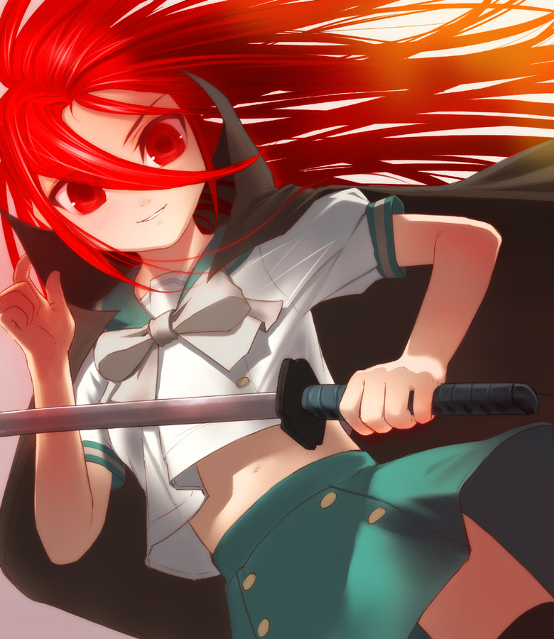 bow long_hair midriff red_eyes red_hair school_uniform shakugan_no_shana shana solo sword uni weapon