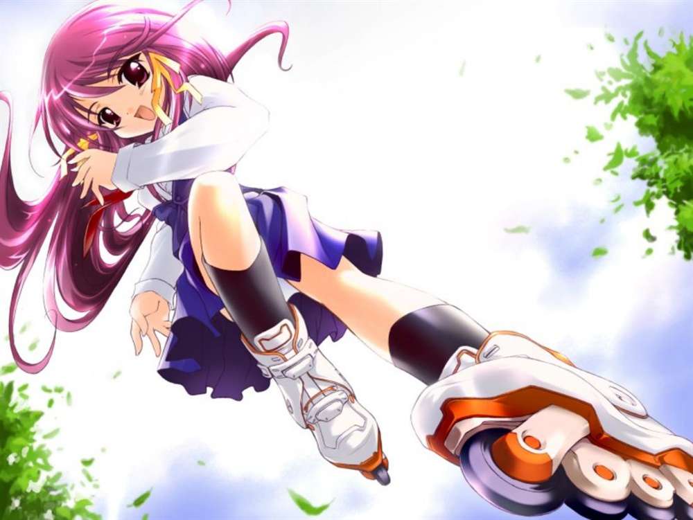 from_below fujiwara_warawara game_cg hair_ribbon happy inline_skates kneehighs kousaka_chika leaf long_hair munekyun_heartful_cafe panties pantyshot purple_eyes purple_hair ribbon roller_skates school_uniform skates skirt socks solo underwear white_panties wind