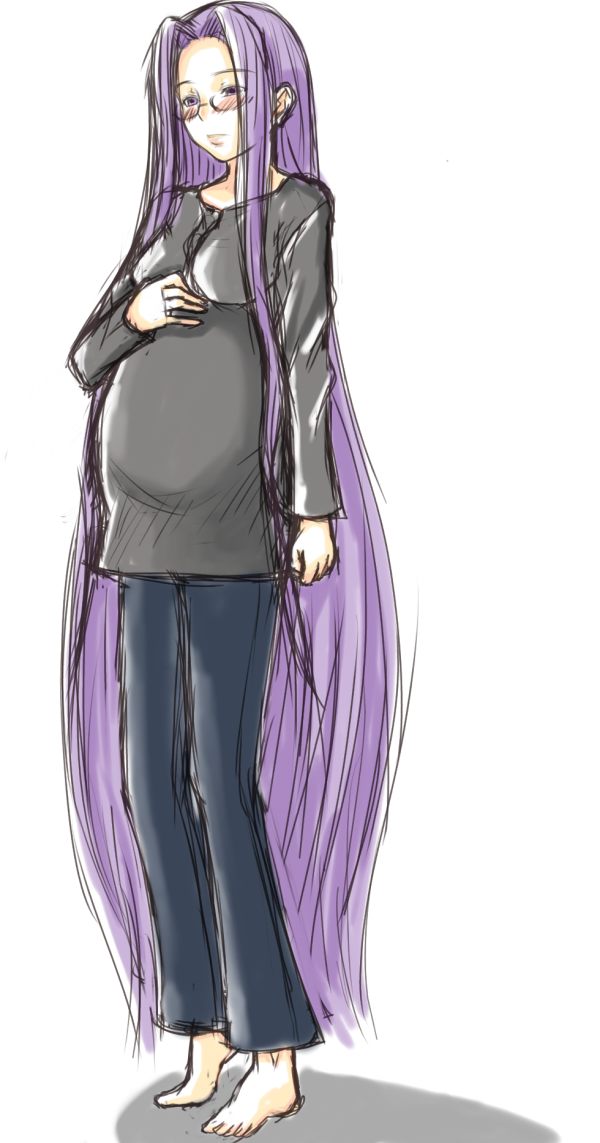 barefoot blush casual fate/stay_night fate_(series) glasses long_hair myu-po pregnant purple_eyes purple_hair rider solo very_long_hair