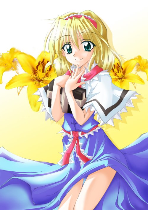 alice_margatroid blonde_hair blue_dress book capelet closed_mouth cowboy_shot dress floral_background flower green_eyes hairband holding holding_book kurinton lily_(flower) smile solo thigh_gap touhou white_capelet