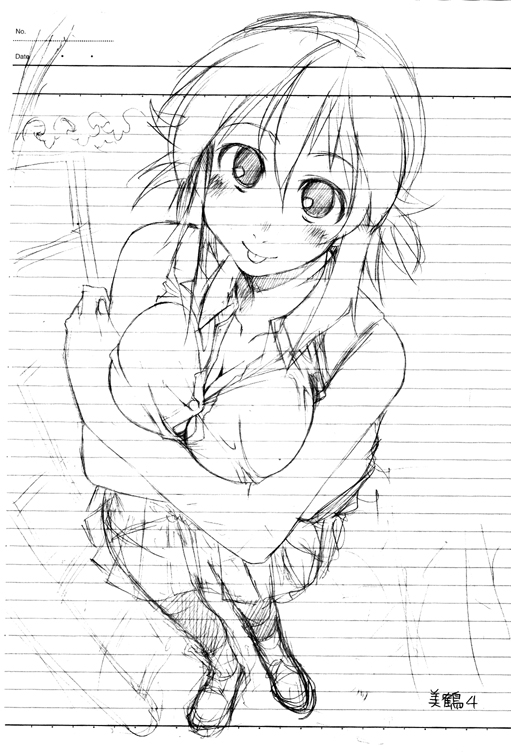 breast_squeeze breasts greyscale kusanagi_tonbo large_breasts monochrome original sketch solo
