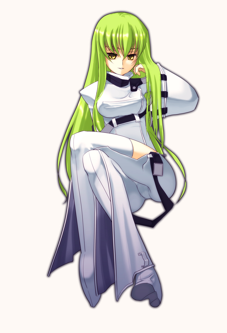 bangs bodysuit boots breasts c.c. code_geass coffee_cat covered_nipples green_hair large_breasts long_hair solo thigh_boots thighhighs white_bodysuit yellow_eyes