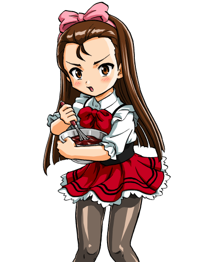 angry bandabekken black_legwear blush bronze_parrot brown_eyes brown_hair chocolate chocolate_making cooking idolmaster idolmaster_(classic) idolmaster_1 long_hair minase_iori mixing_bowl open_mouth pantyhose simple_background skirt solo waitress whisking white_background