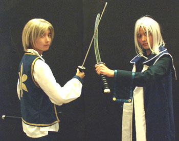 bakumatsu_rouman cosplay kaede_(bakumatsu_rouman) lowres multiple_boys photo setsuna_(bakumatsu_rouman) snk sword weapon