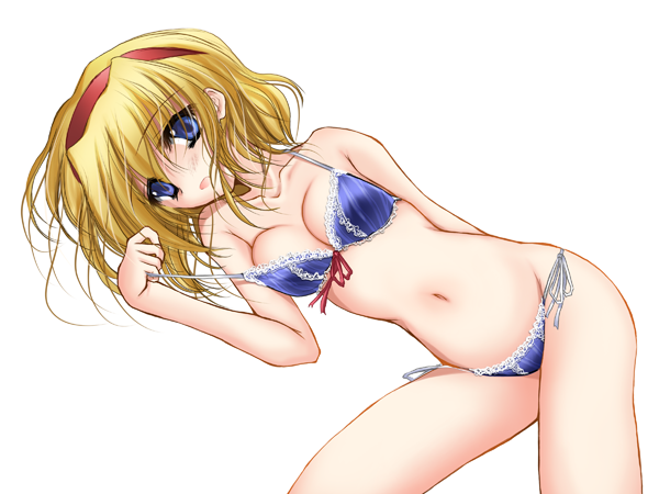 alice_margatroid blonde_hair blue_bra blue_eyes blue_panties bra breasts cleavage collarbone danshaku front-tie_top hairband lace lace-trimmed_bra lace-trimmed_panties lingerie looking_at_viewer lying medium_breasts navel non-web_source on_side open_mouth panties short_hair side-tie_panties simple_background solo strap_pull touhou underwear underwear_only white_background