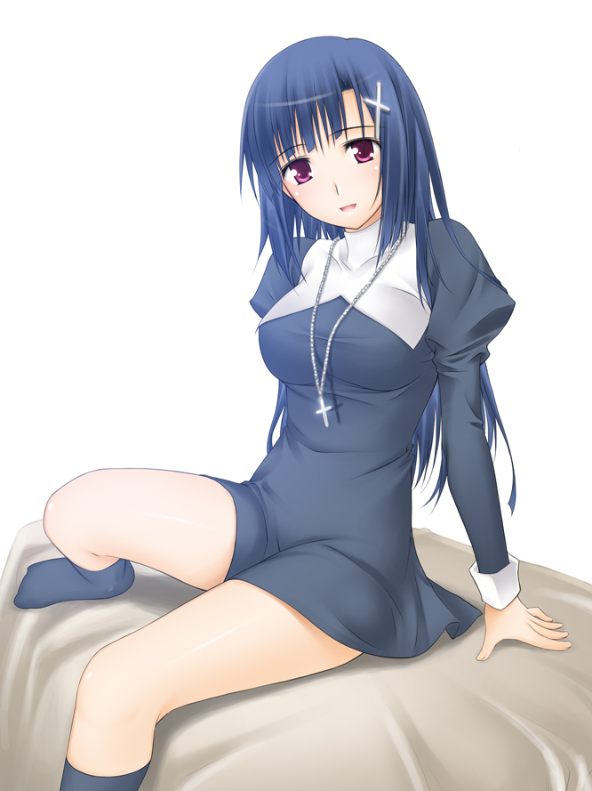 big_wednesday blue_hair blush breasts cross hair_ornament hairclip jewelry kannagi kneehighs latin_cross medium_breasts miniskirt necklace nun purple_eyes skirt socks solo zange