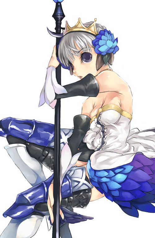 armor armored_dress bare_shoulders blue_eyes boots breasts cleavage crown dress elbow_gloves gloves gwendolyn hair_ornament medium_breasts mikage_sekizai multicolored multicolored_wings odin_sphere polearm short_hair silver_hair spear strapless strapless_dress thigh_boots thighhighs weapon wings