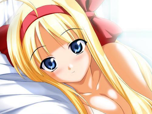 afterglow ahoge anonono bangs bed blonde_hair blue_eyes blush bow breast_squeeze breasts cleavage convenient_censoring dutch_angle game_cg hair_bow hair_censor hair_over_breasts hairband indoors komiya_momiji large_breasts long_hair looking_at_viewer lowres lying nude on_side parted_bangs pillow sidelocks smile solo souryuu sunlight upper_body window