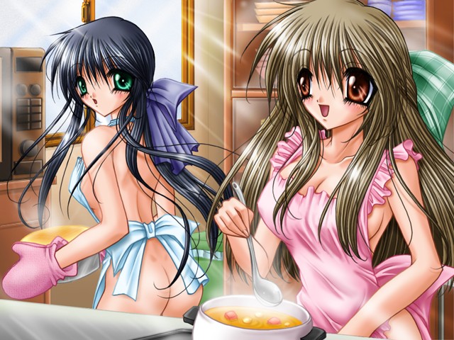 apron artist_request ass breasts brown_eyes cooking green_eyes indoors kanon kawasumi_mai kitchen kurata_sayuri large_breasts long_hair microwave multiple_girls naked_apron no_panties open_mouth oven_mitts source_request