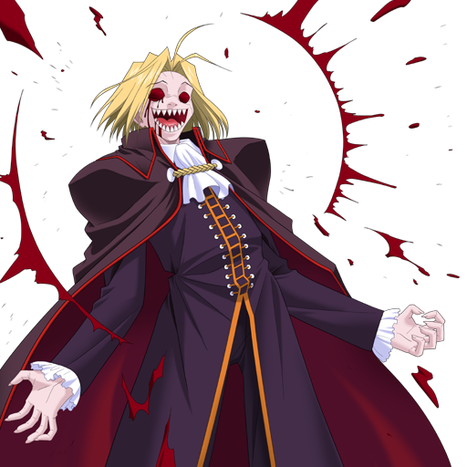 artist_request ascot blonde_hair cape cowboy_shot emphasis_lines long_sleeves looking_at_viewer male_focus melty_blood military military_uniform official_art red_eyes sharp_teeth solo standing teeth transparent_background tsukihime uniform wallachia