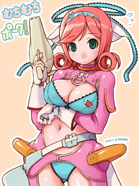 2007 animal_ears barasoto_momo belt breasts cleavage duplicate gloves green_eyes gun hair_ribbon hairband large_breasts lingerie midriff muchi_muchi_pork orange_background panties pig_ears pink_hair ribbon shigatake underwear weapon