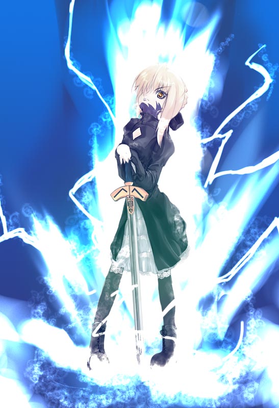 artoria_pendragon_(all) blonde_hair dress electricity excalibur fate/stay_night fate_(series) ooka_(skavler) saber_alter solo sword weapon yellow_eyes